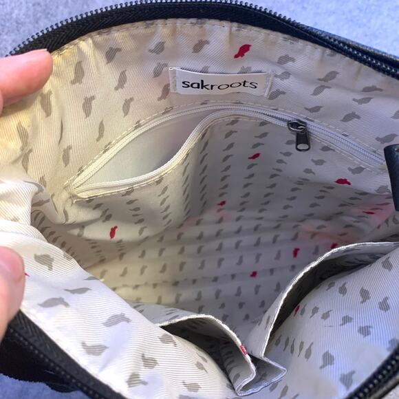 Sakroots Artist Designed Crossbody Purse, Black White Striped Colorful Flowers - Picture 7 of 10